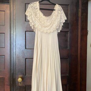 SOLD Vintage 70s Lace Maxi Dress Off the Shoulder Fit and Flare Pleated